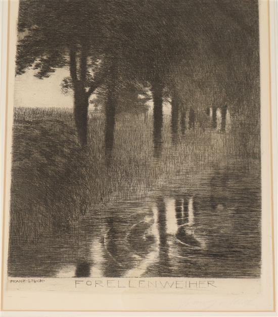 Franz von Stuck (1863-1928), drypoint etching, Forellenweiher (trout pond), signed in pencil, 28 x 23cm, unframed